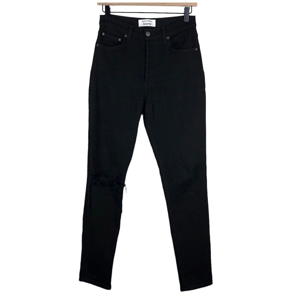 Reformation Black Sierra High Rise Skinny Jeans Destroyed Knee Button Fly 26